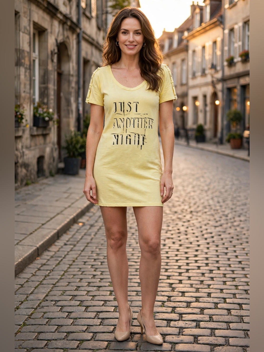 Patrizia Pepe NWT Yellow "Just Another Night" Scoop Neck Graphic Mini Dress